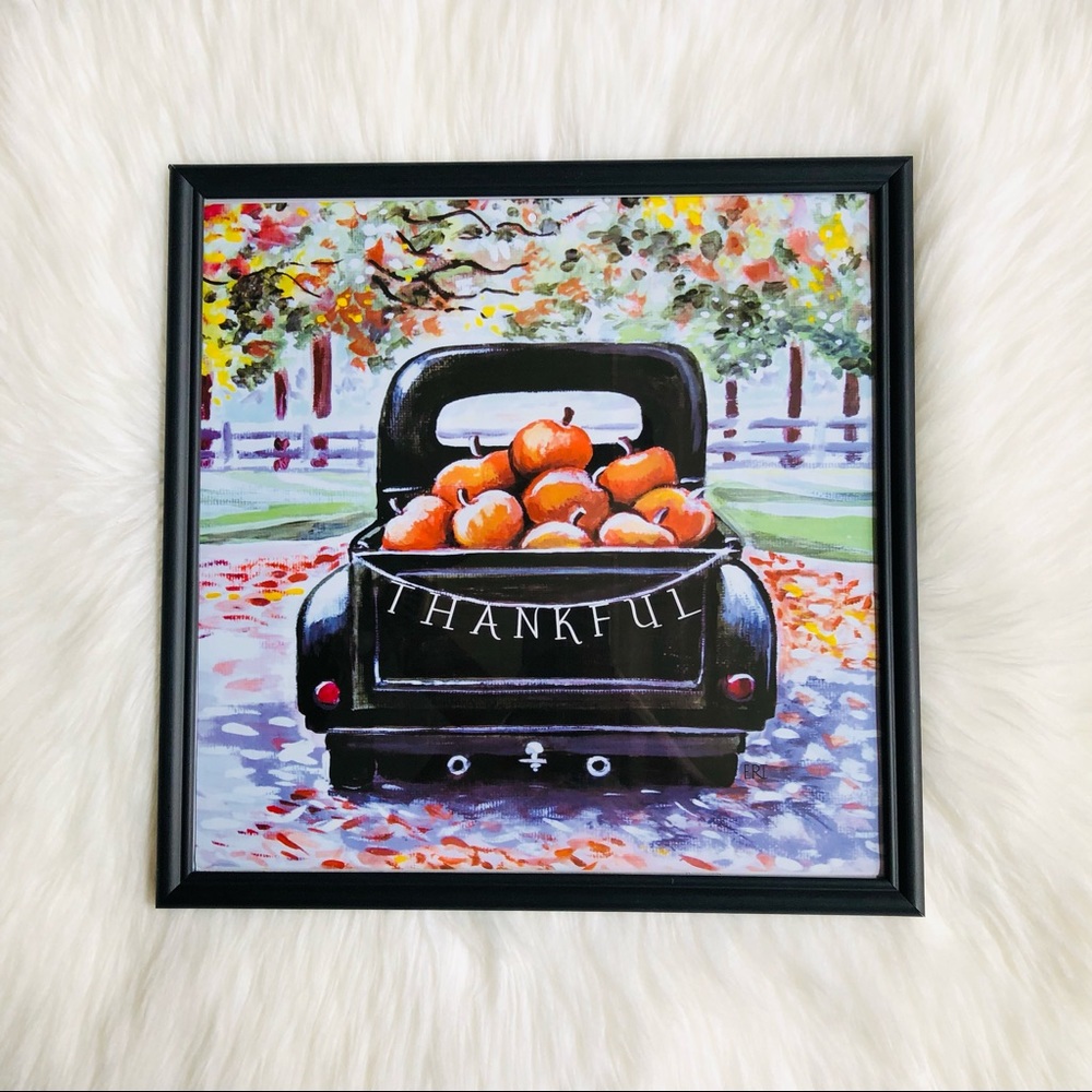 New! Handmade Black Pumpkin Truck Glass Decor Frame 12 x 12
